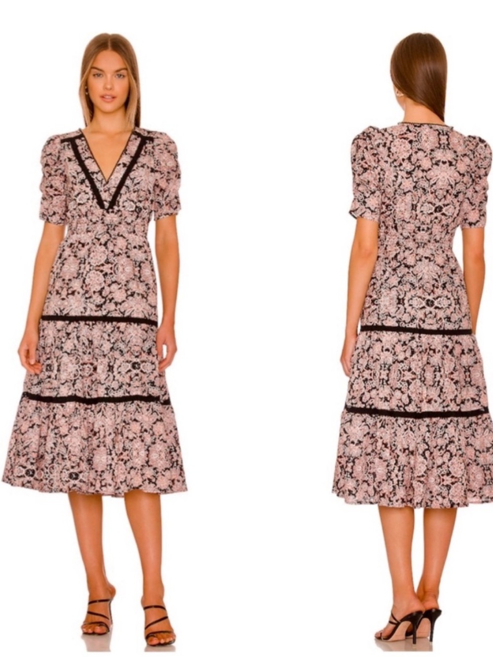 BB Dakota Pink and Black Cotyon Floral Smocked Tiered Midi Dress